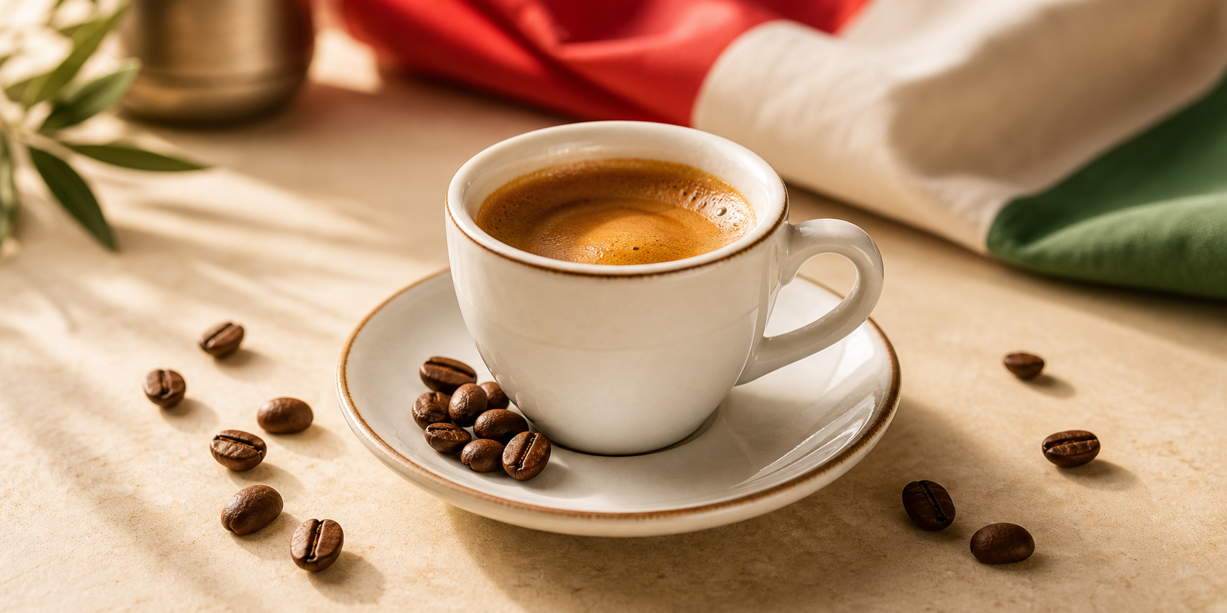 كوب إسبرسو إيطالي مع حبوب قهوة
